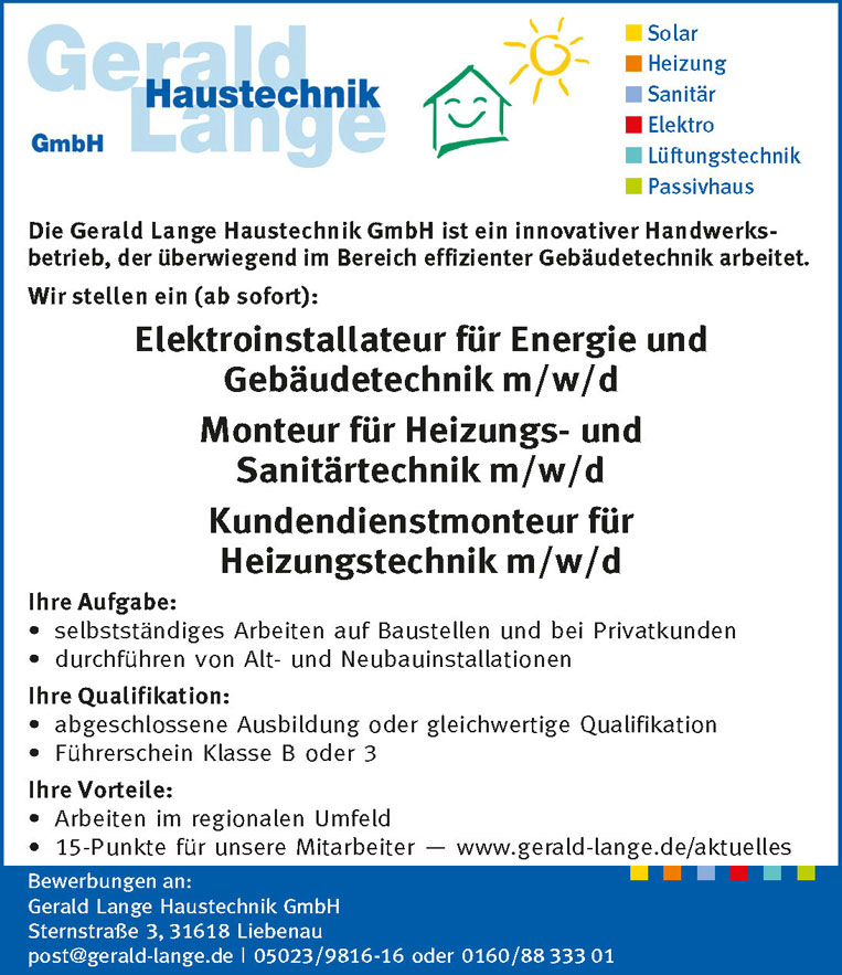 Wir suchen einen Elektroinstallateur sowie Anlagenmechaniker für Heizungs- und Sanitärtechnik